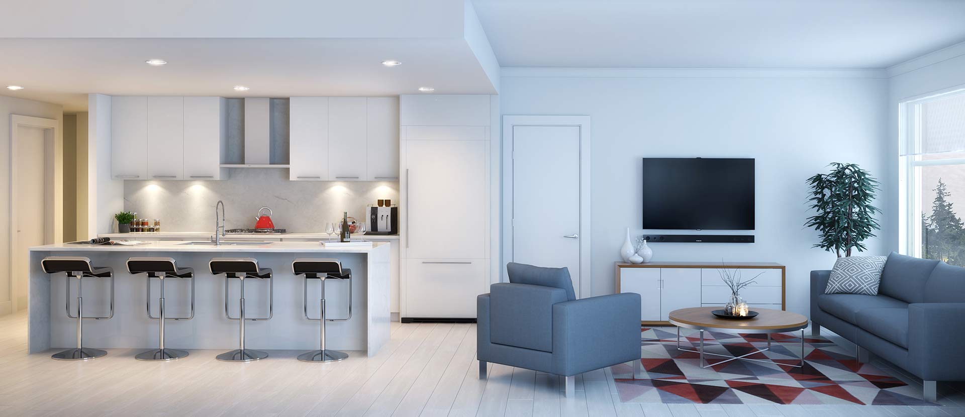 Virtuoso townhome living room and kitchen rendering